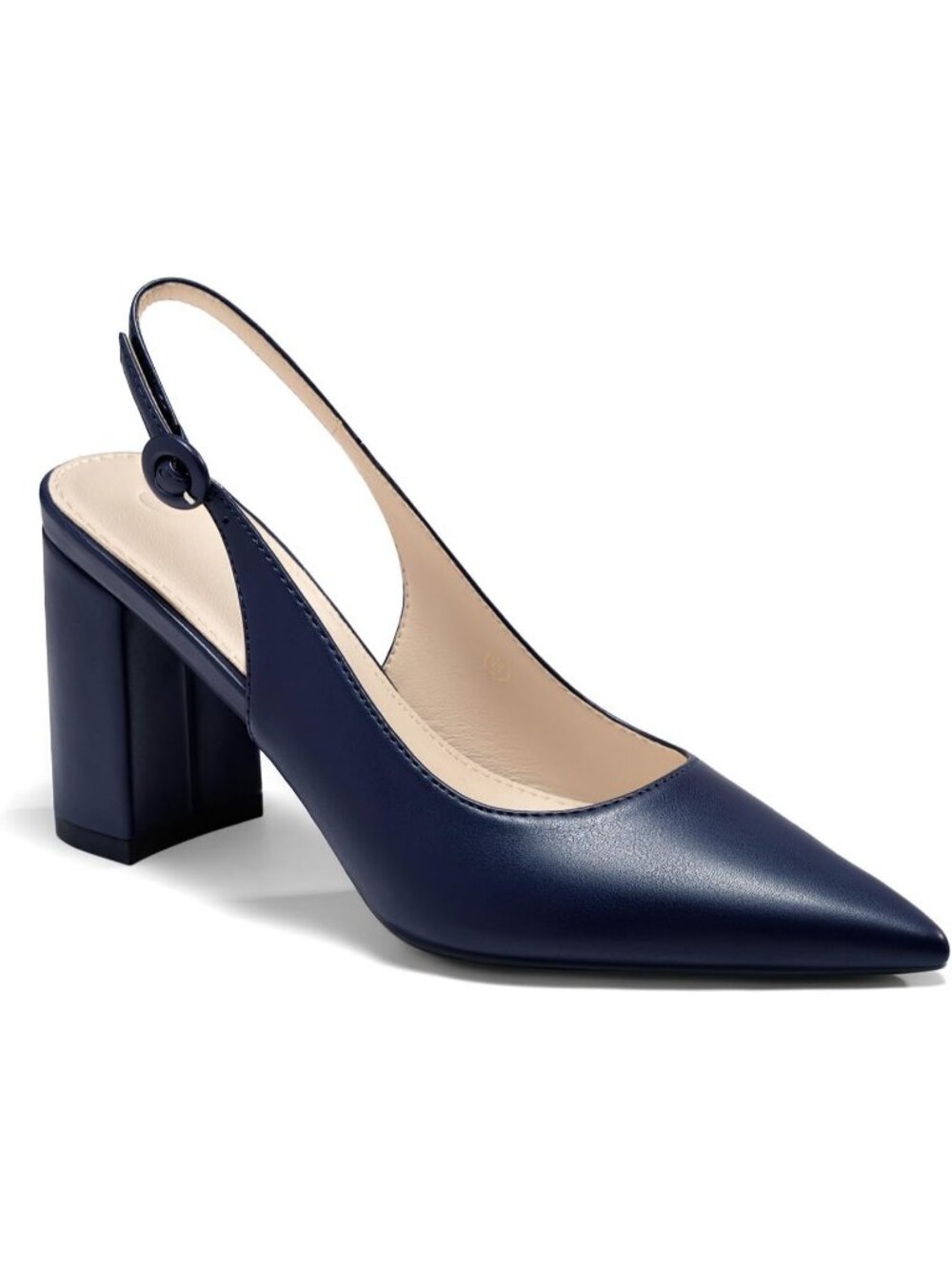 Women's Pu Navy Slingback Chunky Block Heel Pointed Closed Toe Party Dress Shoes